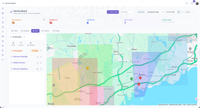KozyOps service board map showing technicians, ticket counts, unassigned work, colored operating zones, and mapped service locations.