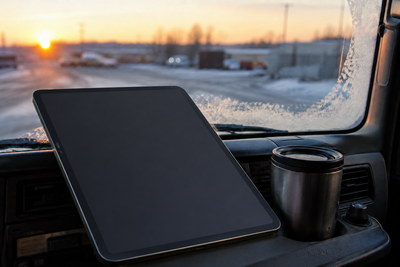 A tablet on a truck dashboard at dawn with a coffee cup and frost on the windshield.