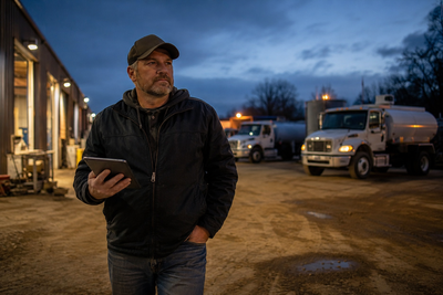 An operations director with a tablet at a depot yard at dusk, delivery trucks behind.