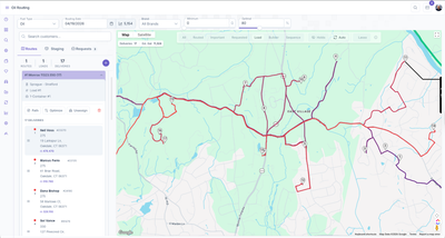 KozyOps oil routing map showing routed delivery stops, route path, load details, and customer stop sequencing.